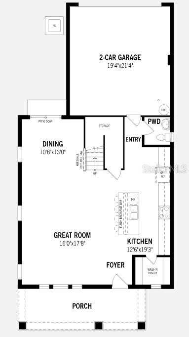 This is a floor plan of a home's main level featuring a garage, kitchen, and porch — 133 GREENHOUSE GROVE STREET, GROVELAND, FL
