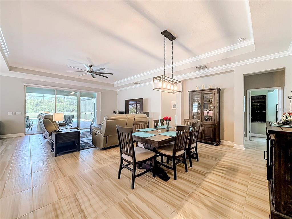 An open-concept dining and living area features tile flooring, a tray ceiling, and sliding glass doors — 19563 LEONARD ROAD, LUTZ, FL