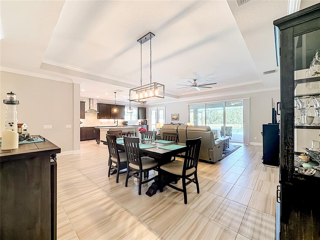 An open-concept dining area with a rectangular table, pendant lighting, and tile flooring — 19563 LEONARD ROAD, LUTZ, FL