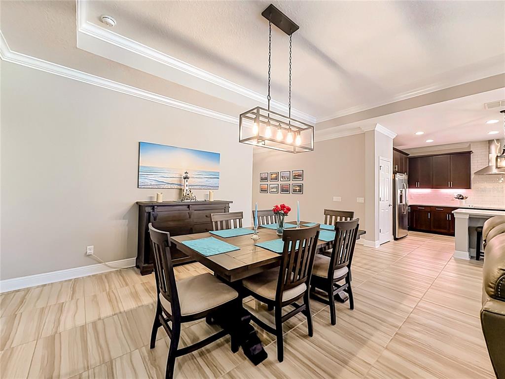 A dining room features a wooden table, six chairs, a chandelier, and tile flooring — 19563 LEONARD ROAD, LUTZ, FL