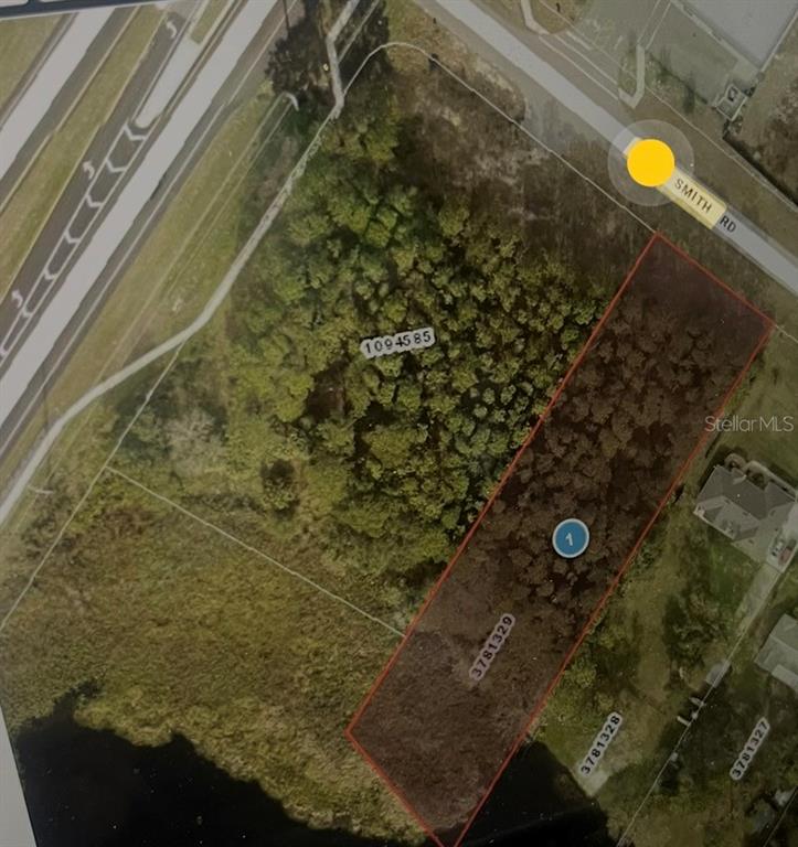 This aerial map shows a rectangular, wooded parcel of land bordered by a road and water — LAKE SMITH ROAD, UMATILLA, FL