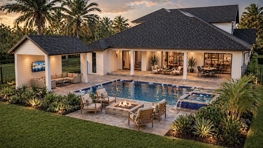A backyard features a swimming pool, a fire pit, a covered patio, and a house — 1155 PRADO LANE, OAKLAND, FL