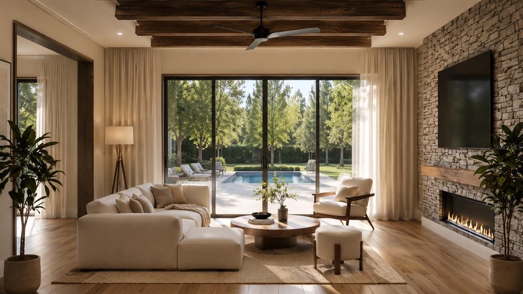 This rendering shows a living room with wood beams, a stone fireplace, and pool views — 1155 PRADO LANE, OAKLAND, FL