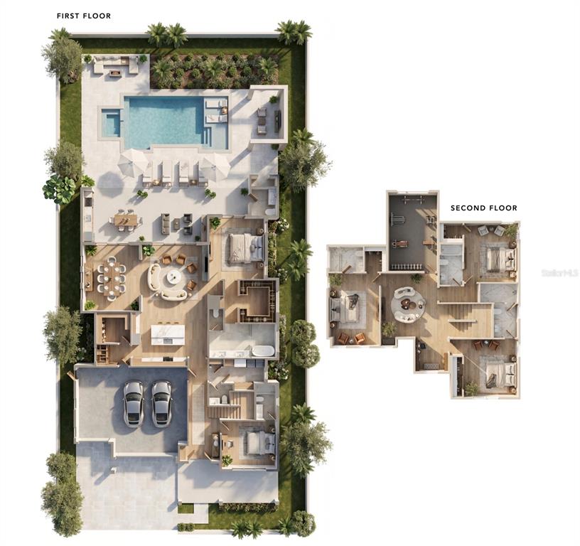 This architectural rendering shows the first and second floor plans of a luxury residential home — 1155 PRADO LANE, OAKLAND, FL