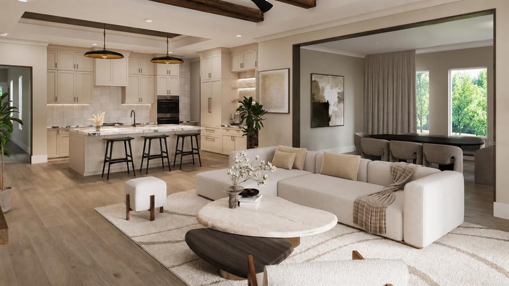 This rendering shows an open-concept living room and kitchen with neutral tones and wood flooring — 1155 PRADO LANE, OAKLAND, FL