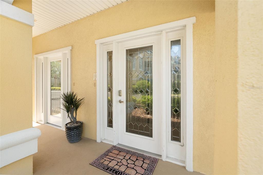 A front porch features a white door with glass panels, sidelights, and a potted plant — 6420 SUNSET BAY CIRCLE, APOLLO BEACH, FL