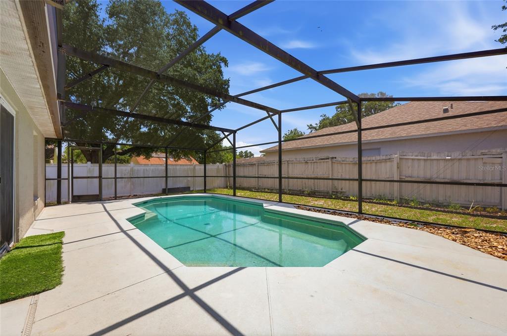 A swimming pool with a screened enclosure sits on a concrete patio in a backyard — 2706 KRIS XING, OCOEE, FL