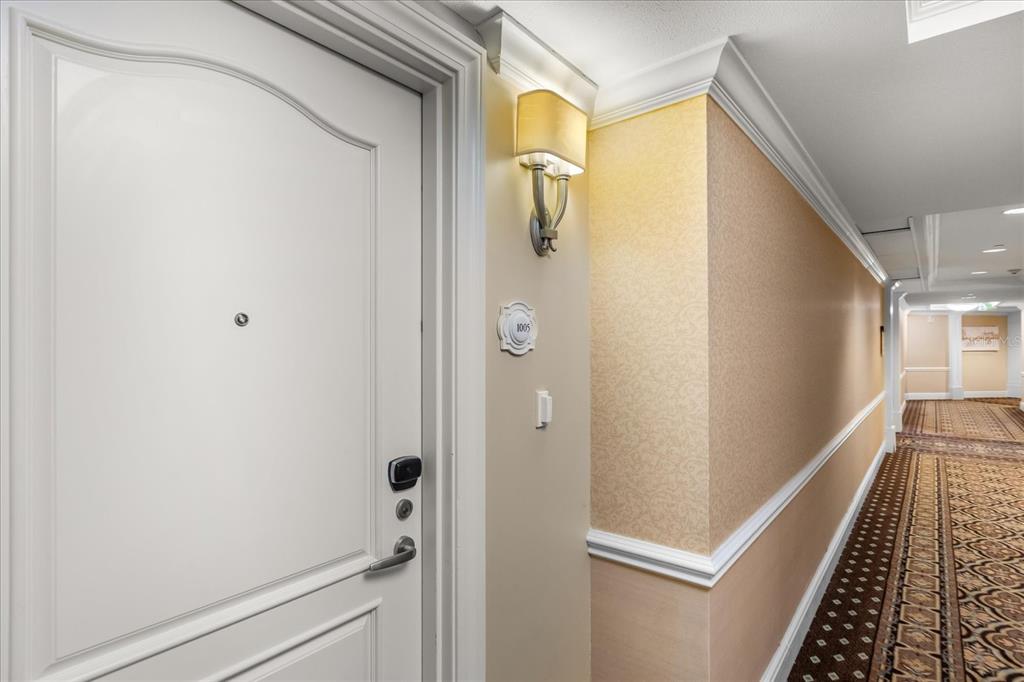 A white door with a room number sign and wall sconce in a carpeted hallway — 7593 GATHERING DRIVE UNIT 1005, REUNION, FL