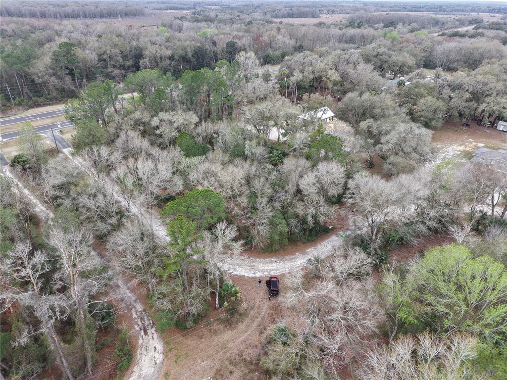An aerial view shows a paved road bordering a wooded lot with two gravel driveways — 736 S SICKLE POINT, INVERNESS, FL