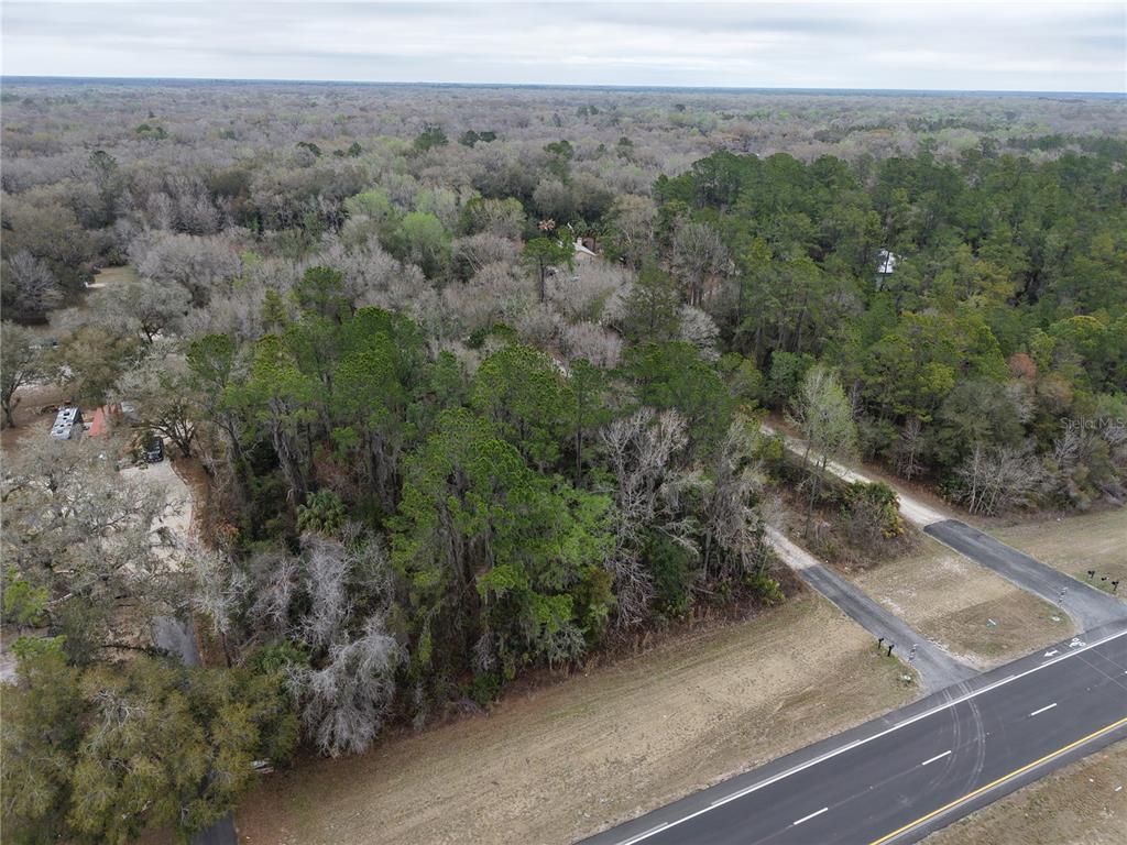 An aerial view shows a wooded lot adjacent to a highway with a paved driveway — 736 S SICKLE POINT, INVERNESS, FL