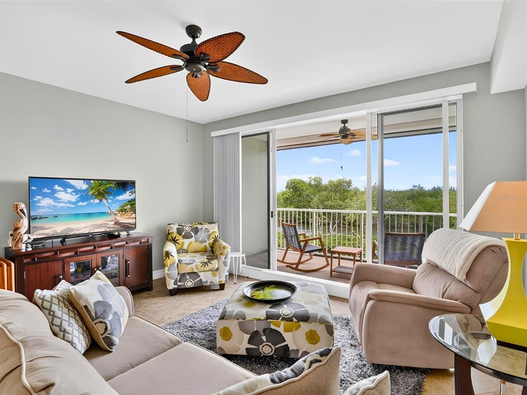 A living room features a television, patterned furniture, a ceiling fan, and a balcony view — 3248 MANGROVE POINT DRIVE, RUSKIN, FL