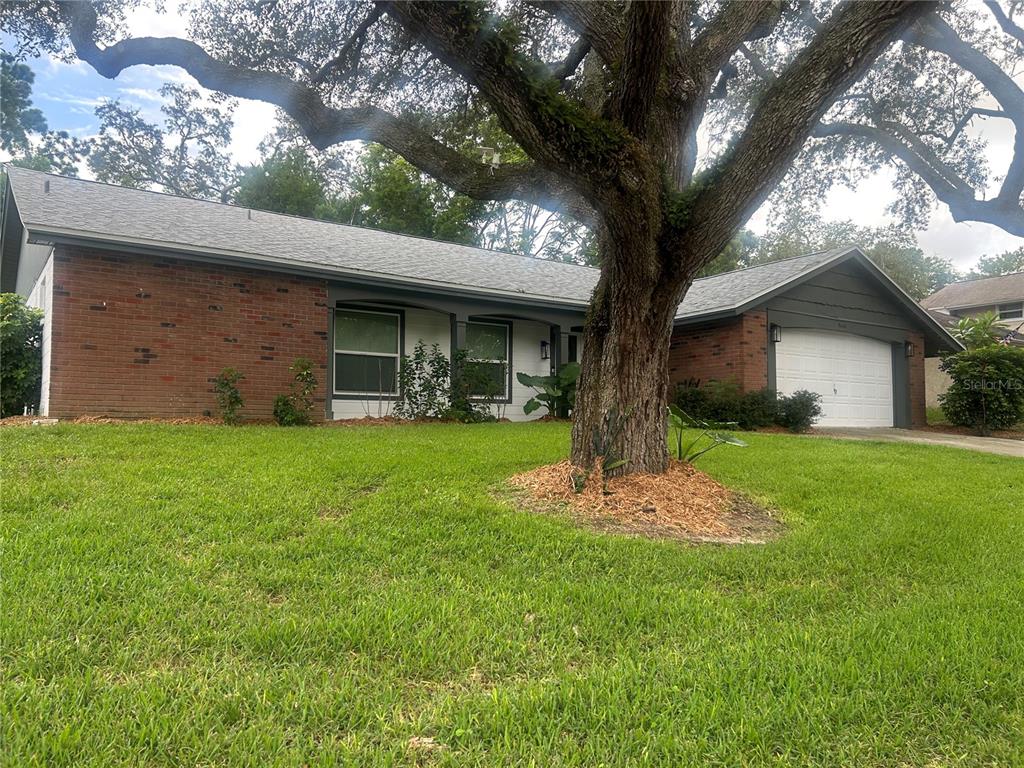 A front entryway with double glass doors, a brick wall, and a large potted plant — 8604 MILL CREEK LANE, HUDSON, FL