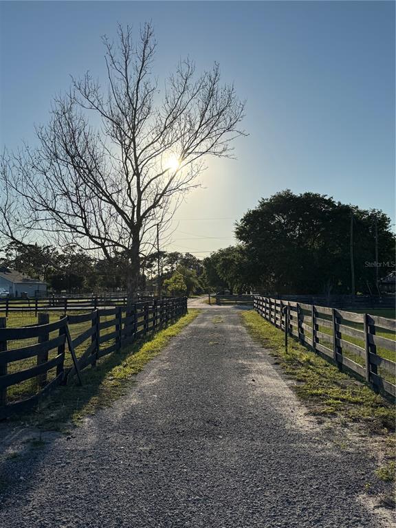A gravel driveway leads between two wooden fences toward a large, bare tree — 4155 ALBRITTON ROAD, ST CLOUD, FL