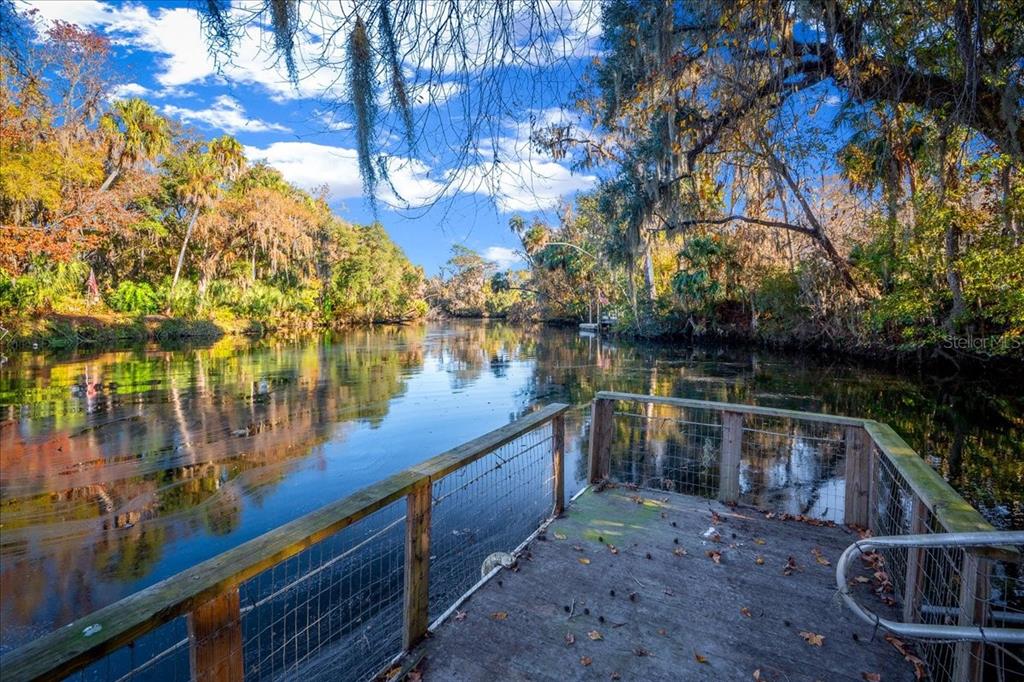 A wooden dock overlooks a calm river surrounded by lush trees and Spanish moss — 12575 W FOSS GROVES PATH, INGLIS, FL