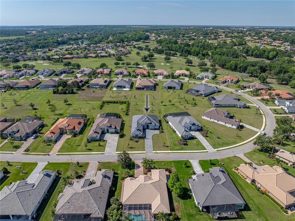 An aerial view shows a suburban neighborhood with a marked single-family home and pool — 13805 CARRYBACK DRIVE, DADE CITY, FL