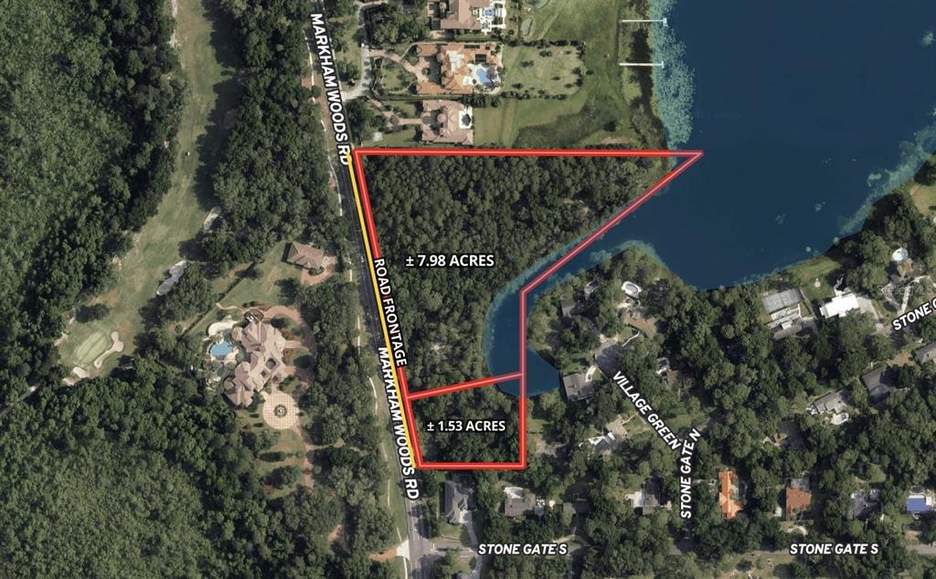 An aerial map shows two adjacent parcels of land outlined in red along a road — MARKHAM WOODS ROAD, LONGWOOD, FL