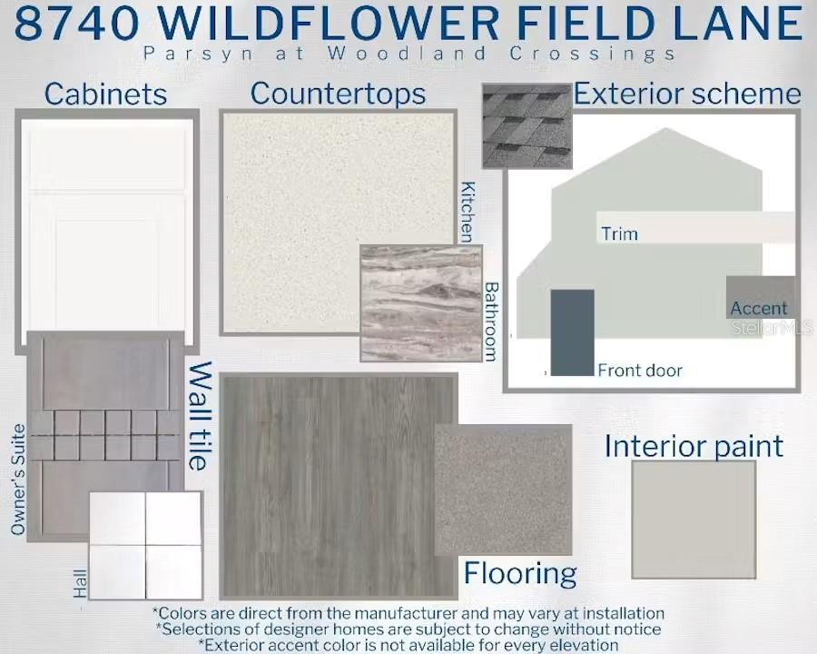This design board displays interior and exterior finish selections for a residential property — 8740 WILDFLOWER FIELD LANE, WILDWOOD, FL