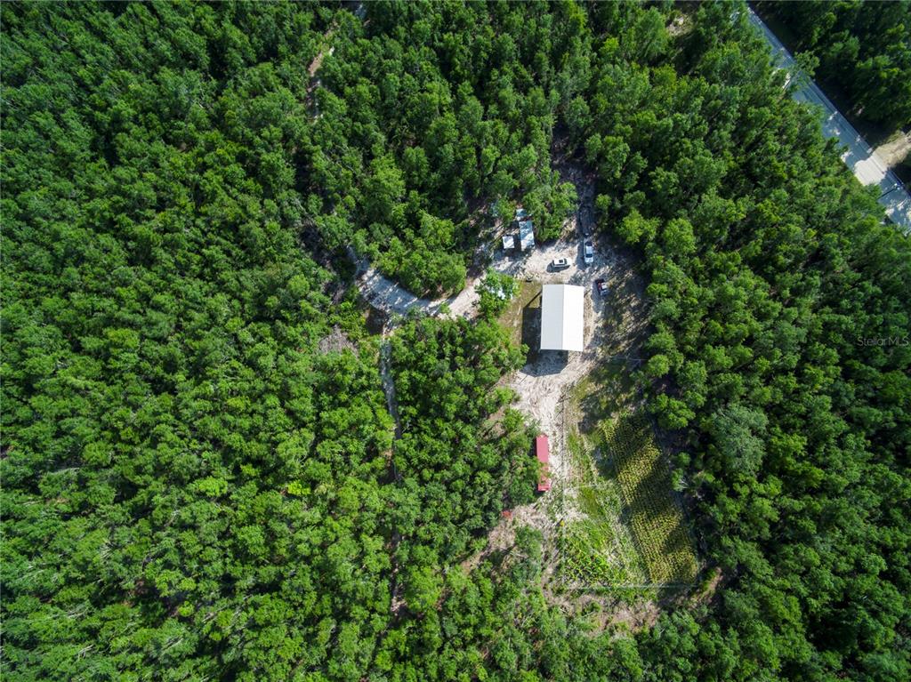 An aerial view shows a clearing in a dense forest containing a building and garden — 18233 185TH RD, LIVE OAK, FL