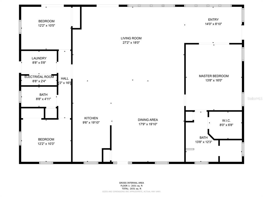 This is a floor plan showing the layout of a house with three bedrooms and two bathrooms — 9804 E NEW HOPE COURT, FLORAL CITY, FL