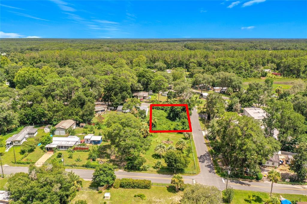 An aerial view shows a rectangular, tree-covered vacant lot outlined in red near a road — 0 SE 66TH PLACE, OCKLAWAHA, FL