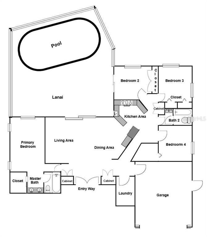 This is a floor plan for a four-bedroom house featuring a pool and a lanai — 1862 DEL ROBLES DRIVE, CLEARWATER, FL