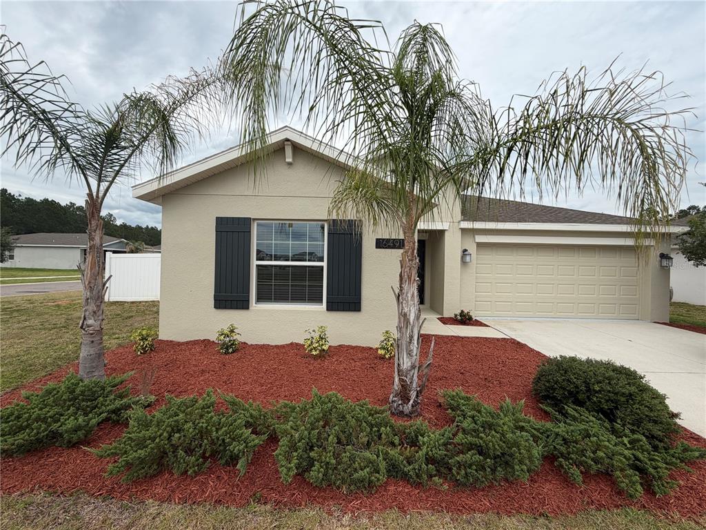 A small red-flowered plant grows in a mulch bed next to a beige stucco wall — 16491 GLASSY LOCH LOOP, CLERMONT, FL