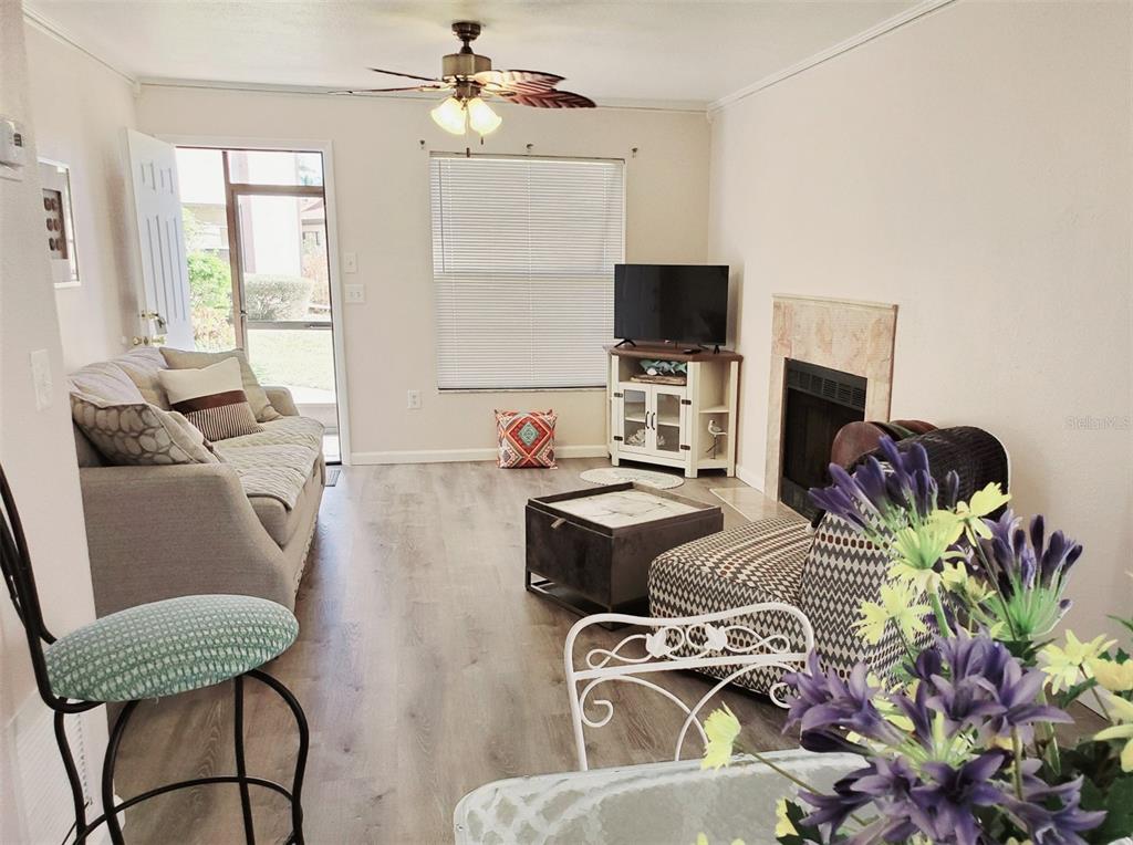 A living room features wood-look flooring, a fireplace, a ceiling fan, and a sliding glass door — 3773 59TH AVENUE W, BRADENTON, FL