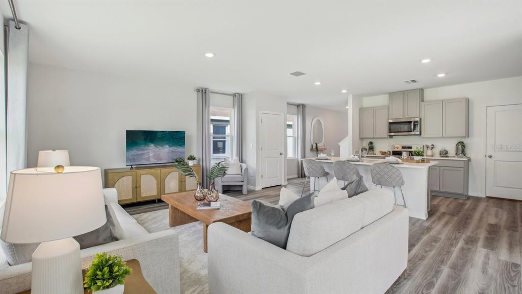 An open-concept living room and kitchen featuring light gray cabinetry and wood-look flooring — 35477 KINSEY POINT, ZEPHYRHILLS, FL