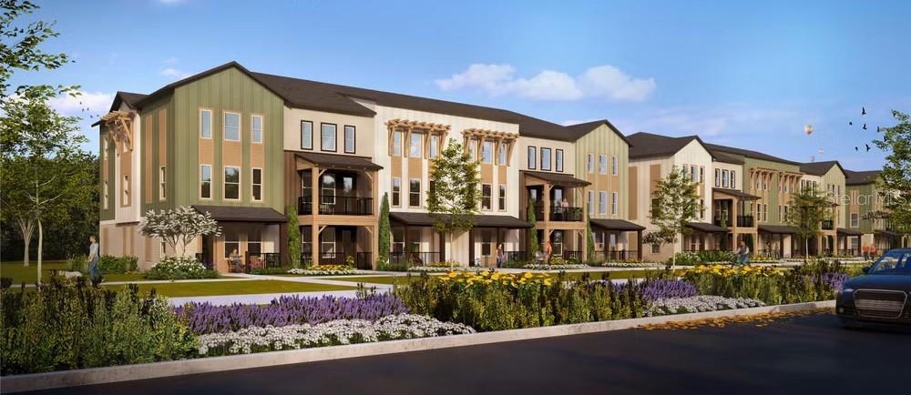 This is a digital rendering of a multi-story townhouse complex with green and tan siding — 12149 ASHVIEW LANE, JACKSONVILLE, FL