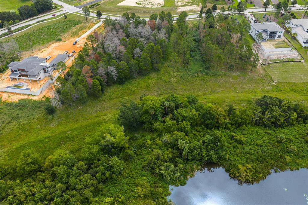 An aerial view shows a large wooded lot situated between two houses and a pond — 16409 PENDIO DRIVE, MONTVERDE, FL