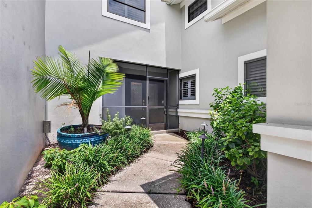 A concrete walkway leads to a screened entryway flanked by a potted palm and landscaping — 2631 ROYAL LIVERPOOL DRIVE, TARPON SPRINGS, FL