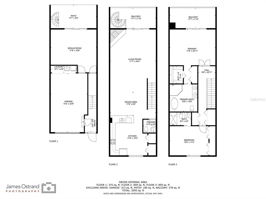 This floor plan shows the layout of a three-story residential property with a garage — 505 SANDY HOOK ROAD UNIT 505, TREASURE ISLAND, FL