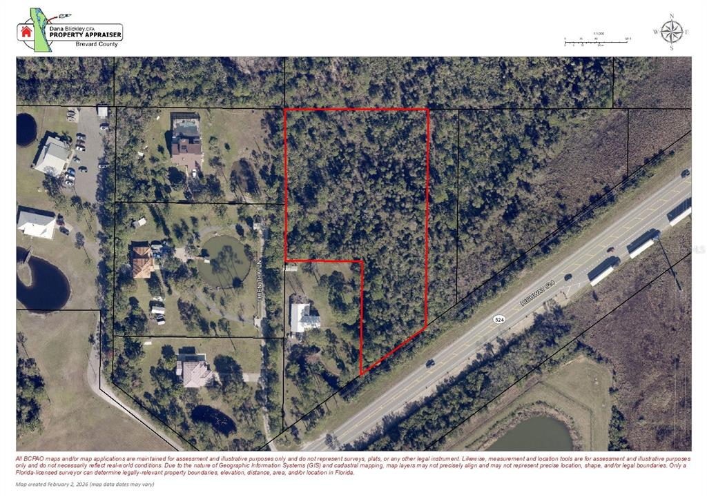 This is a property map showing a parcel of land outlined in red near a highway — 4550 HIGHWAY 524, COCOA, FL
