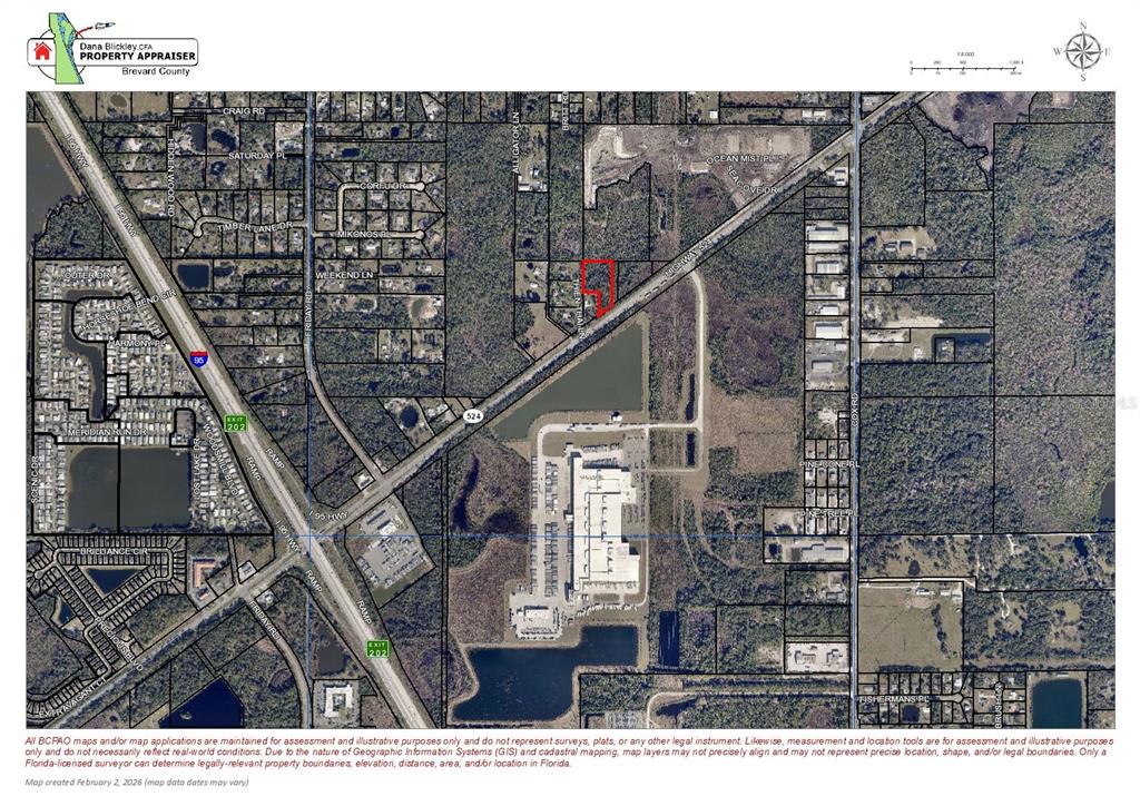 This is a property appraiser map showing a highlighted parcel of land near a highway — 4550 HIGHWAY 524, COCOA, FL