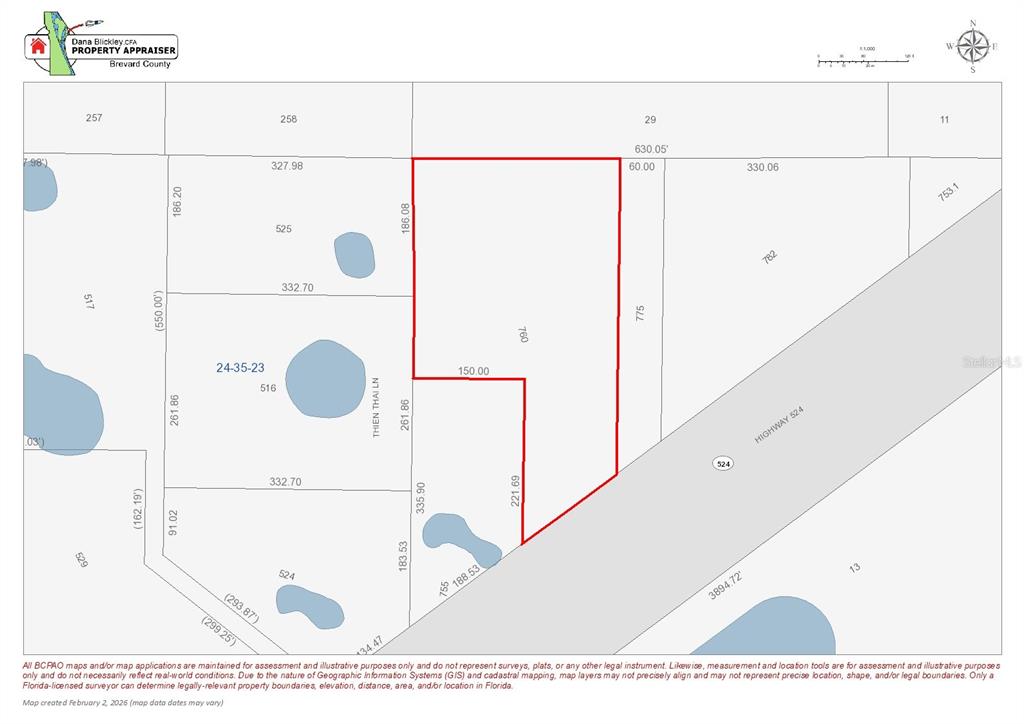 This is a property tax map showing parcel boundaries and dimensions in Brevard County, Florida — 4550 HIGHWAY 524, COCOA, FL