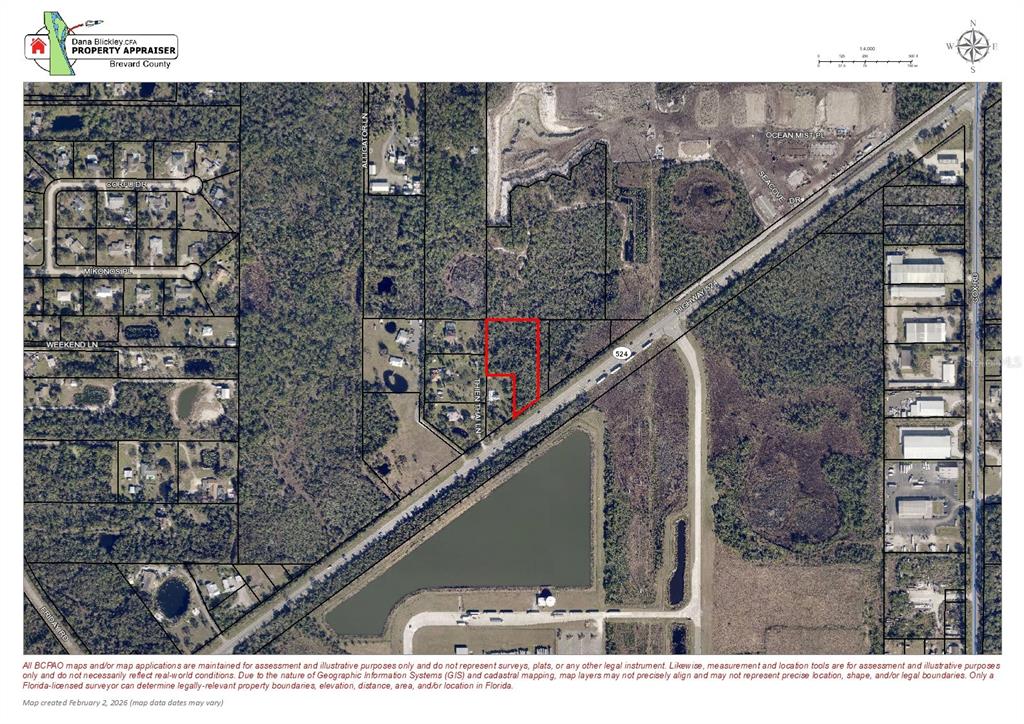 This is a property appraiser map showing a highlighted parcel of land near a highway — 4550 HIGHWAY 524, COCOA, FL