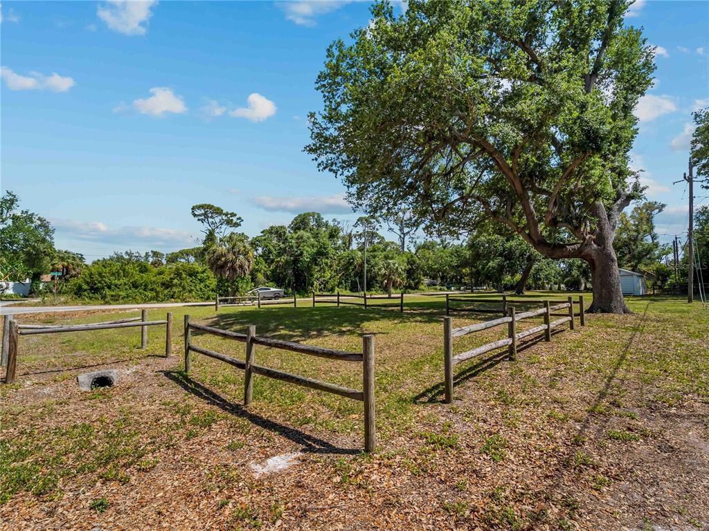 A fenced grassy lot features a large mature tree under a partly cloudy blue sky — DAWN DRIVE, VENICE, FL