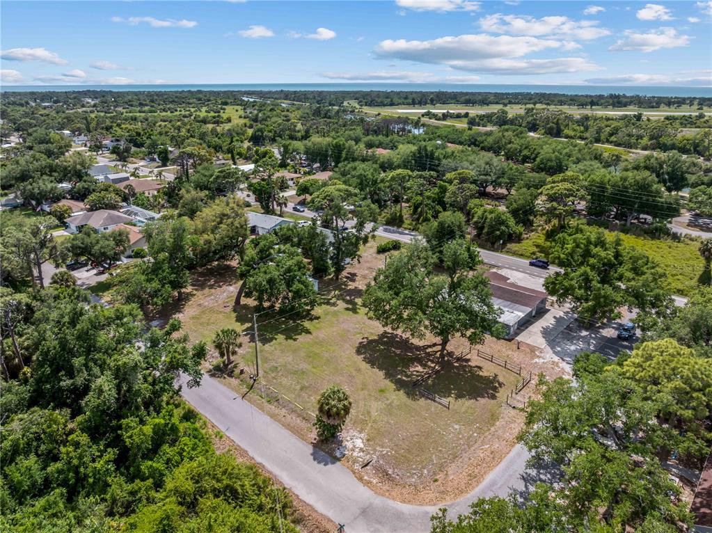 An aerial view shows a vacant grassy lot with large trees next to a road — DAWN DRIVE, VENICE, FL