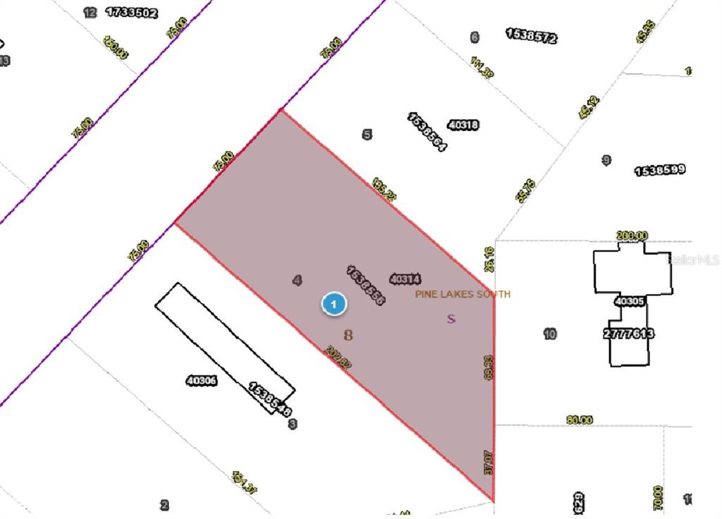 This is a property map showing a highlighted parcel of land in a residential area — 40314 LIME STREET, EUSTIS, FL