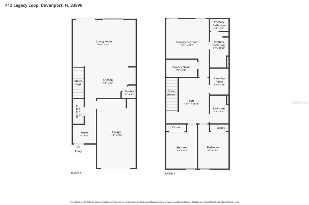 This is a two-story floor plan showing the layout of a residential home — 412 LEGACY LOOP, DAVENPORT, FL