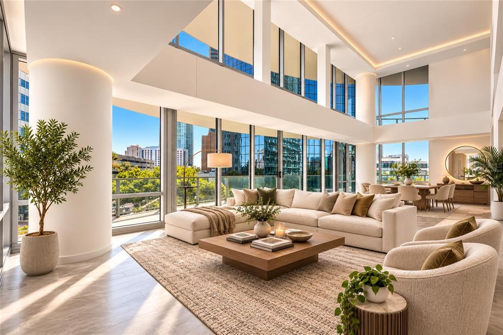 A bright, modern living room features high ceilings, floor-to-ceiling windows, and neutral-toned furniture — 400 CENTRAL AVENUE UNIT 407, ST PETERSBURG, FL