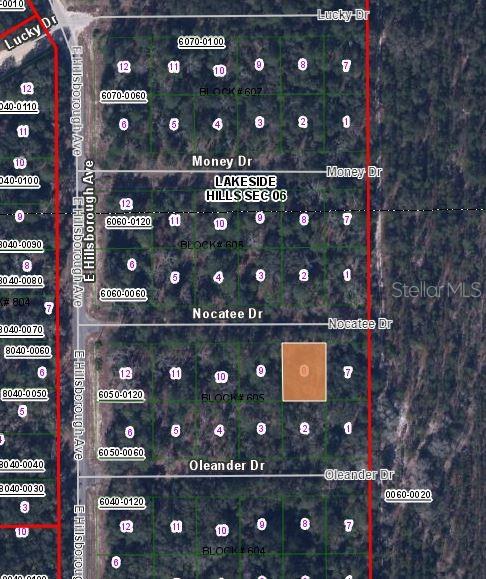 This is a map showing a highlighted land parcel within a residential subdivision — 109 NOCATEE DRIVE, FLORAHOME, FL