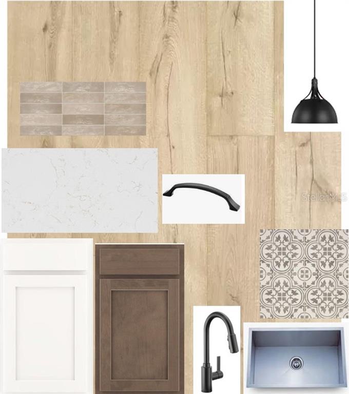 This is a design mood board featuring kitchen finishes including cabinetry, flooring, hardware, and fixtures — 5416 SILVER SUN DRIVE, APOLLO BEACH, FL