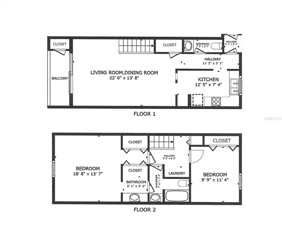 This is a two-story floor plan showing a living area, kitchen, two bedrooms, and bathrooms — 108 CLOCKTOWER DRIVE UNIT 261, BRANDON, FL
