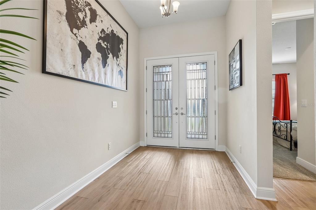 An entryway features light wood-look flooring, double glass-paneled doors, and a large world map print — 6092 HIDDEN BRANCH DRIVE, APOLLO BEACH, FL