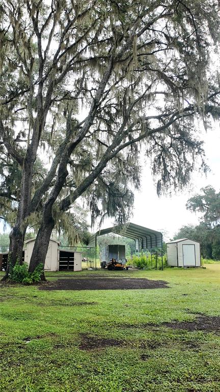 A grassy yard features large mossy trees, a metal carport, a shed, and a small barn — 26348 CROOKED TREE LANE, BROOKSVILLE, FL