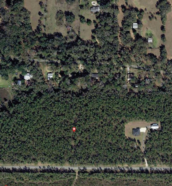 An aerial view shows a wooded lot with a red marker and nearby residential homes — 0 TRAM ROAD, TALLAHASSEE, FL