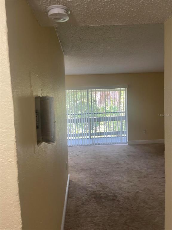 A view from a hallway looking into a carpeted living area with sliding glass doors — 4769 S TEXAS AVENUE UNIT D, ORLANDO, FL
