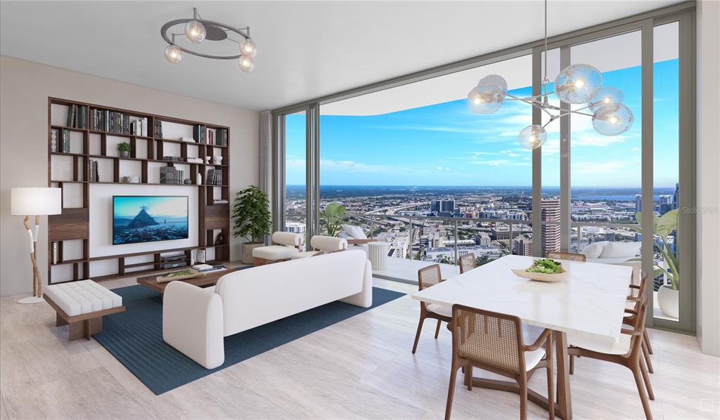 This rendering shows a modern living and dining area with floor-to-ceiling windows and city views — 520 N TAMPA ST UNIT 3105, TAMPA, FL