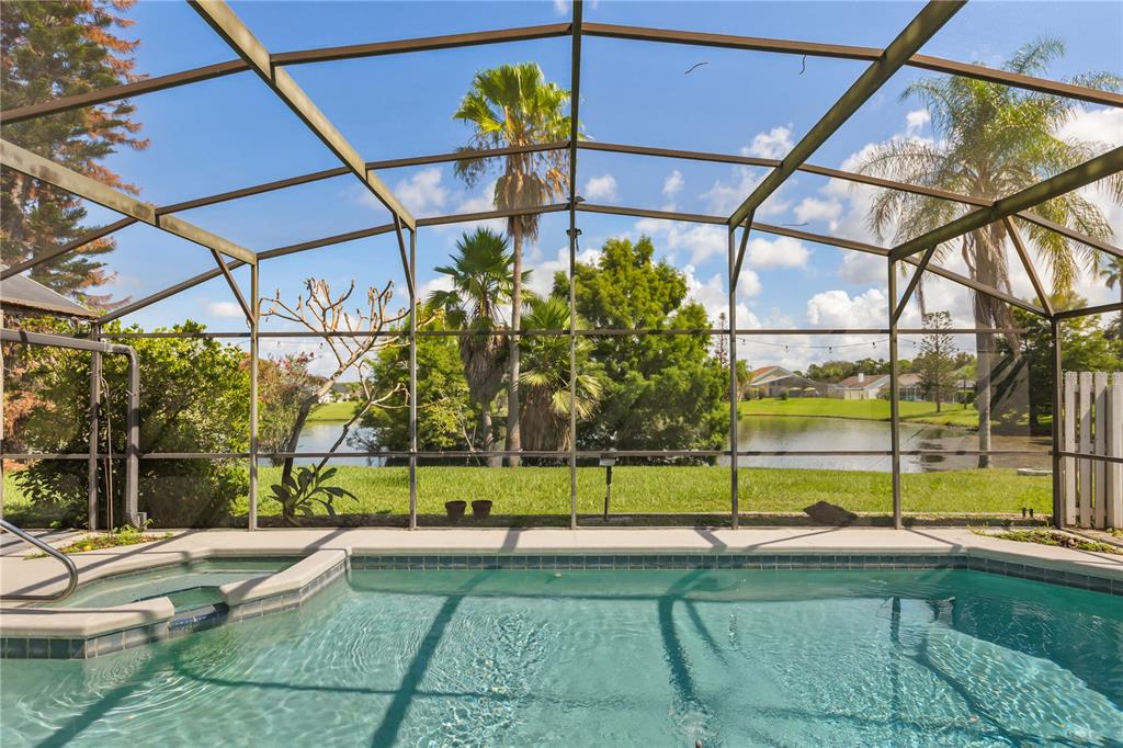 A swimming pool and spa enclosed by a screen cage overlooking a lake and trees — 3236 TIMUCUA CIRCLE, ORLANDO, FL